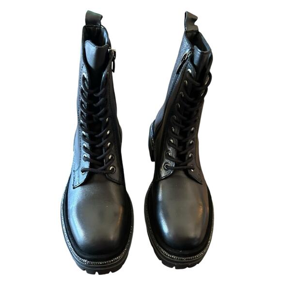 Aqua Aria Leather Combat Boots Rhinestone Trim Lace Up NEW Size 5 - Picture 2 of 11